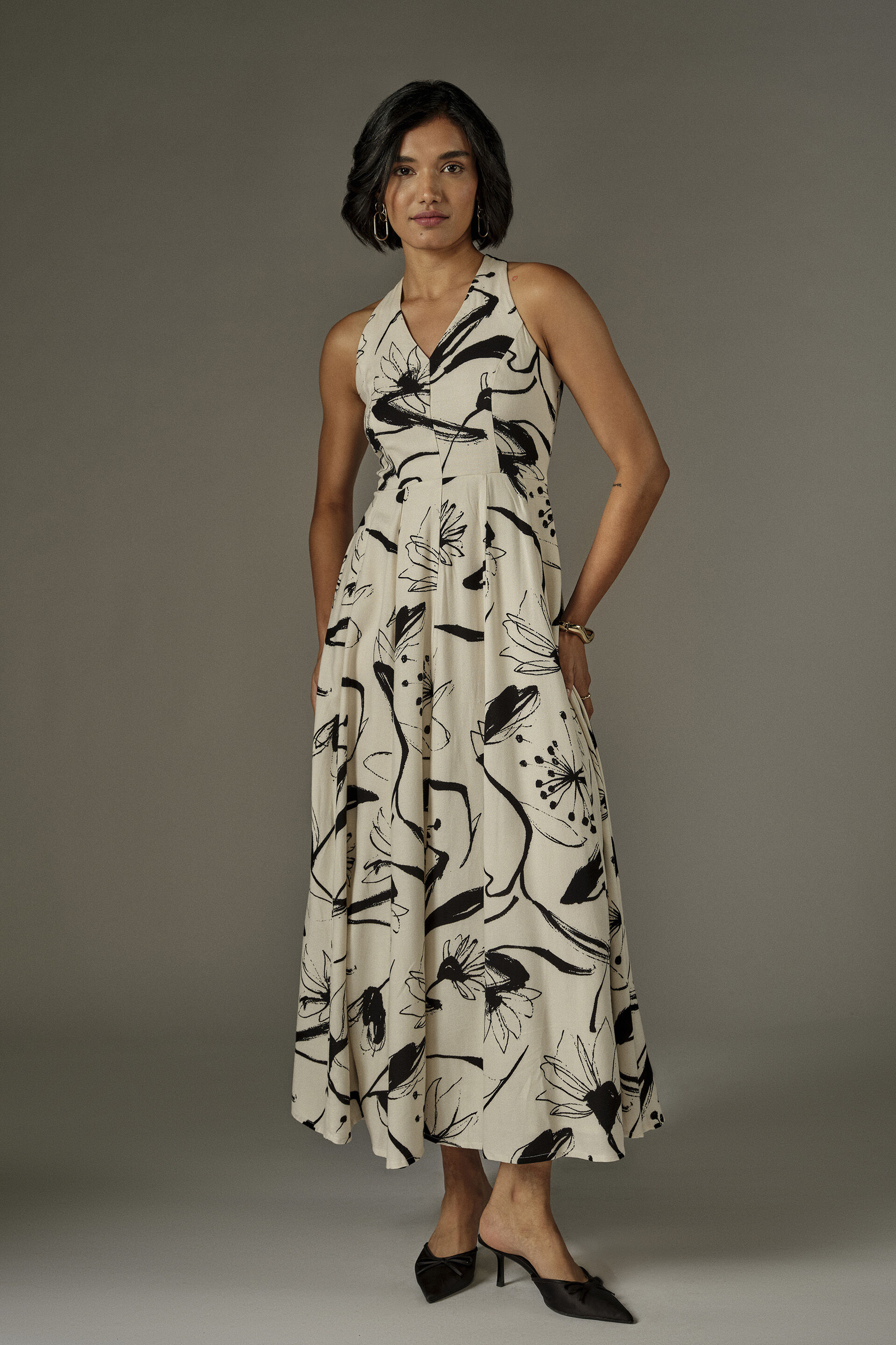 A-line Abstract Floral Maxi Dress in White